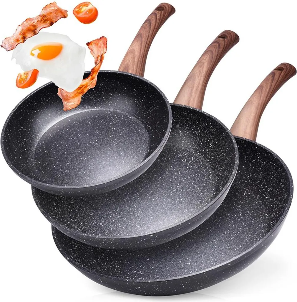 Vilde | Set of 3 pans - frying pan 20/24/28cm - induction-compatible pan with non-stick coating - BLACK&WOOD