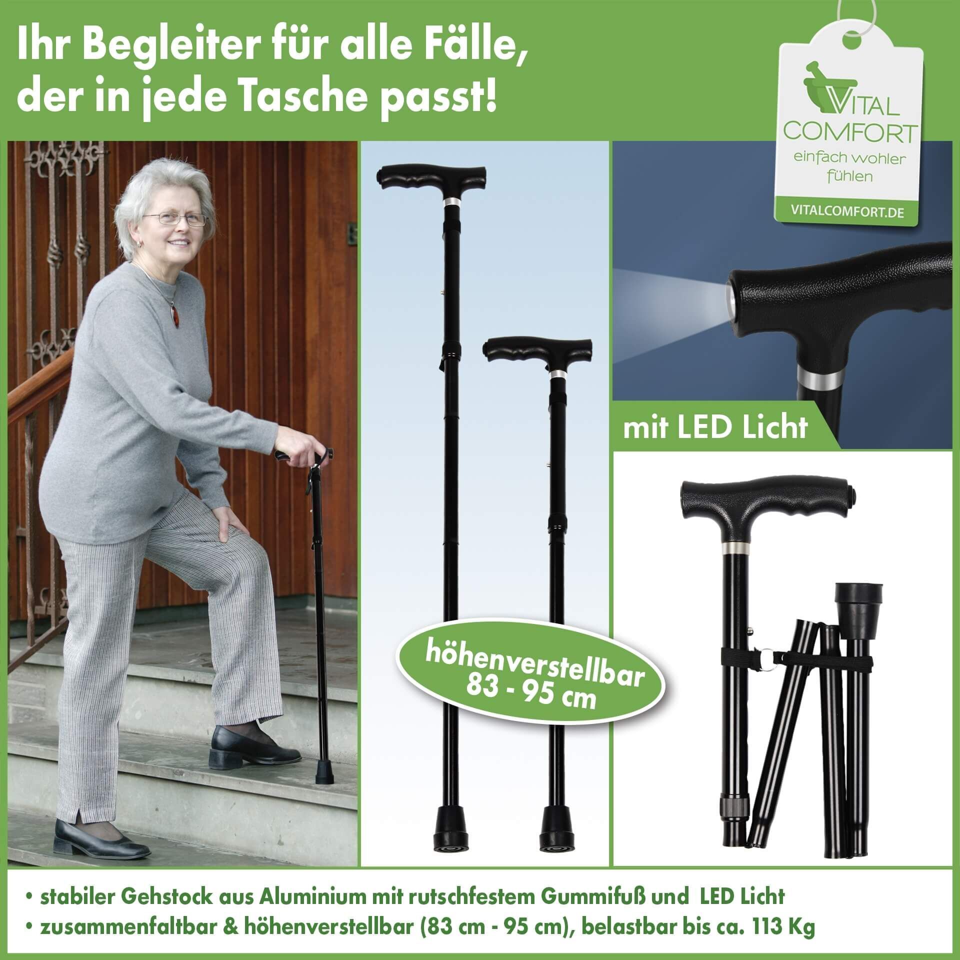 VITAL PROTEINS Vital Comfort travel stick made of aluminum, foldable, with light, loadable up to 113 kg in black 1 St