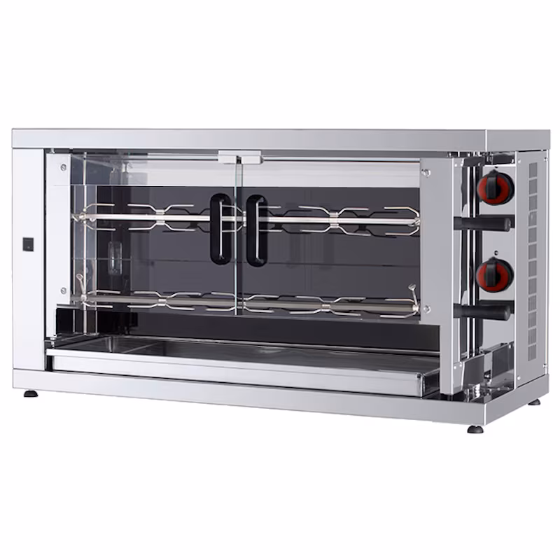 Ceramic chicken rotisserie with light. 2 cooking plates = 10/12 chickens - 1100x450x600 mm - 8400 W 400/3V - 53104L21 Eurast