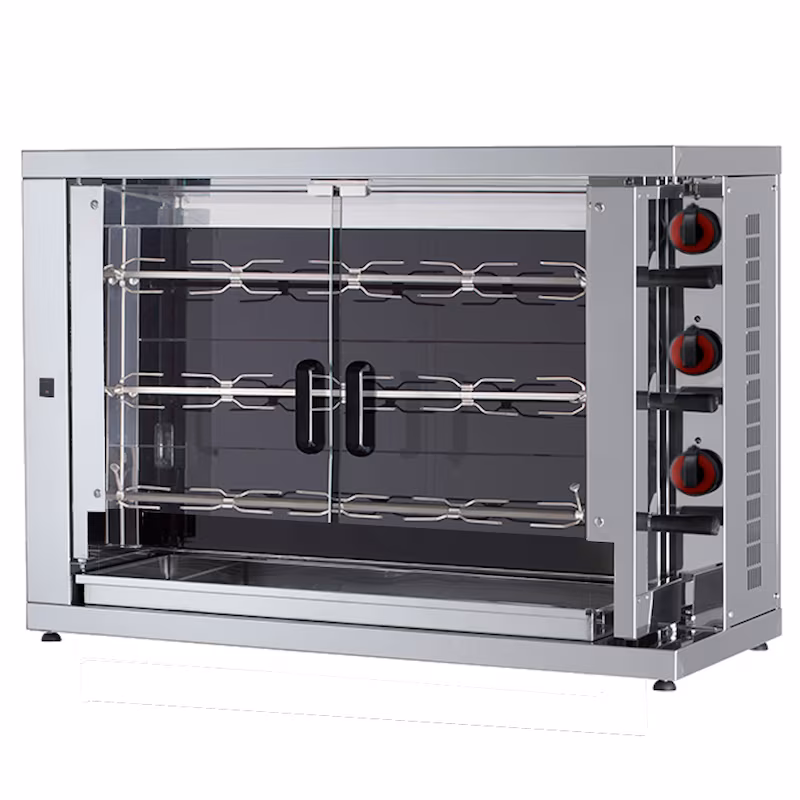 Ceramic chicken rotisserie with light. 3 cooking plates = 15/18 chickens - 1100x450x780 mm - 12600 W 400/3V - 53154L81 Eurast