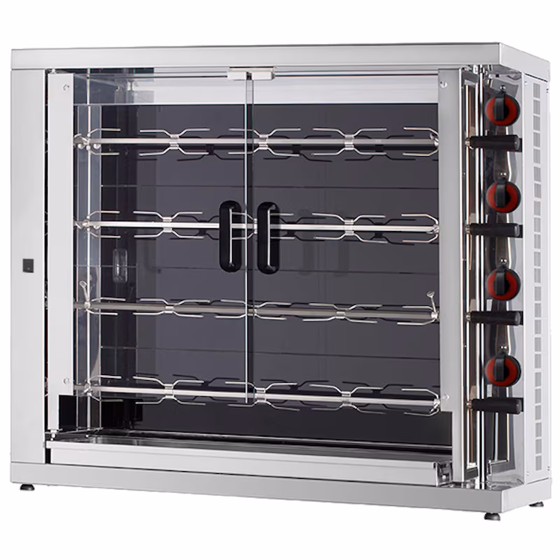 Ceramic chicken rotisserie with light. 4 cooking plates = 20/24 chickens - 1100x450x970 mm - 16800 W 400/3V - 53204L42 Eurast