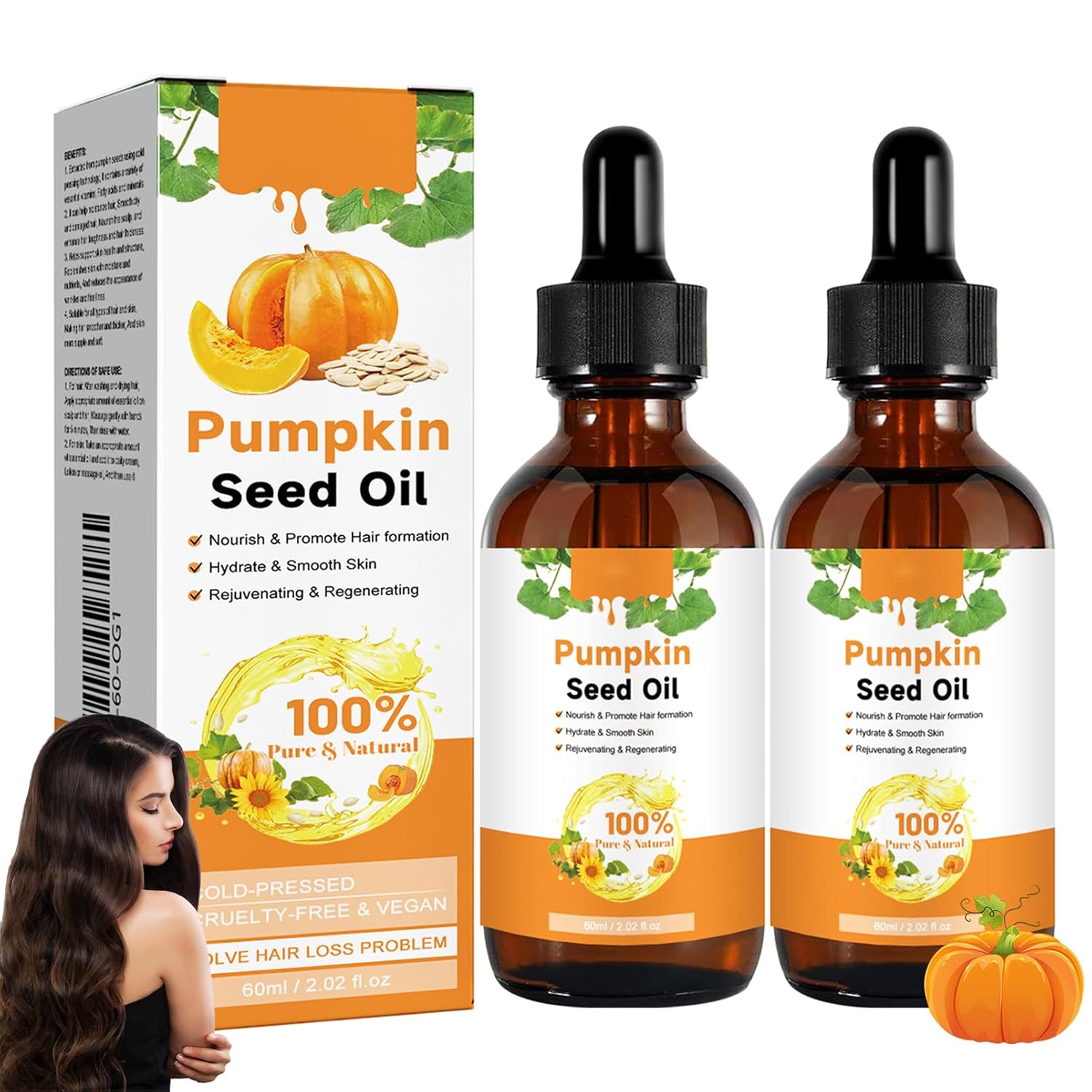 Pumpkin Seed Oil - 2 Pieces Pumpkin Seed Oil for Hair, Scalp, Skin - 100% Organic Pumpkin Seed Hair Oil for Hydration & Repair of Dry, Damaged Hair - Stimulates Hair Growth & Against Hair Loss