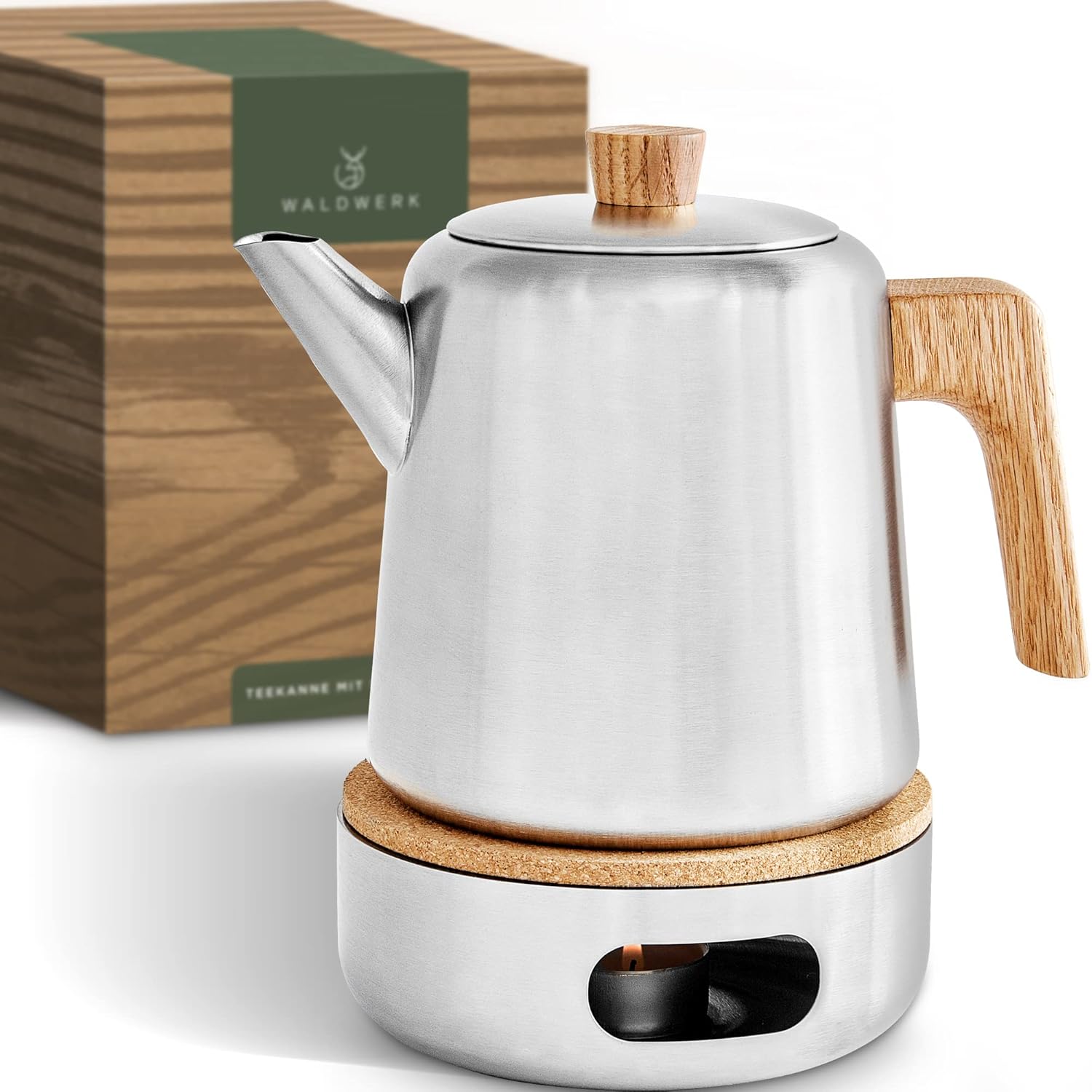 WALDWERK Teapot with Warmer (1.1 L) - Teapot with Strainer Insert Made of Rustproof 304 Stainless Steel - Teapot Stainless Steel with Oak Wood Handles - 100% Drip-Free - Teapot with Strainer Removable