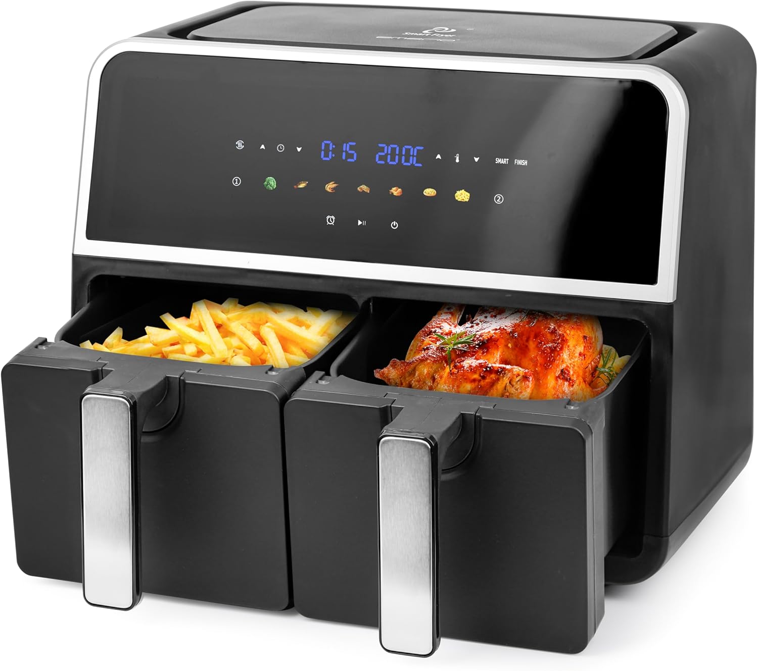 EMERIO AF-132833 Digital Double Hot Air Fryer | AirFryer | Frying with Hot Air without Additional Oil | 2 x 4.5 L Volume | 7 Programmes | Sync Finish Function (Both Ready at the Same Time)