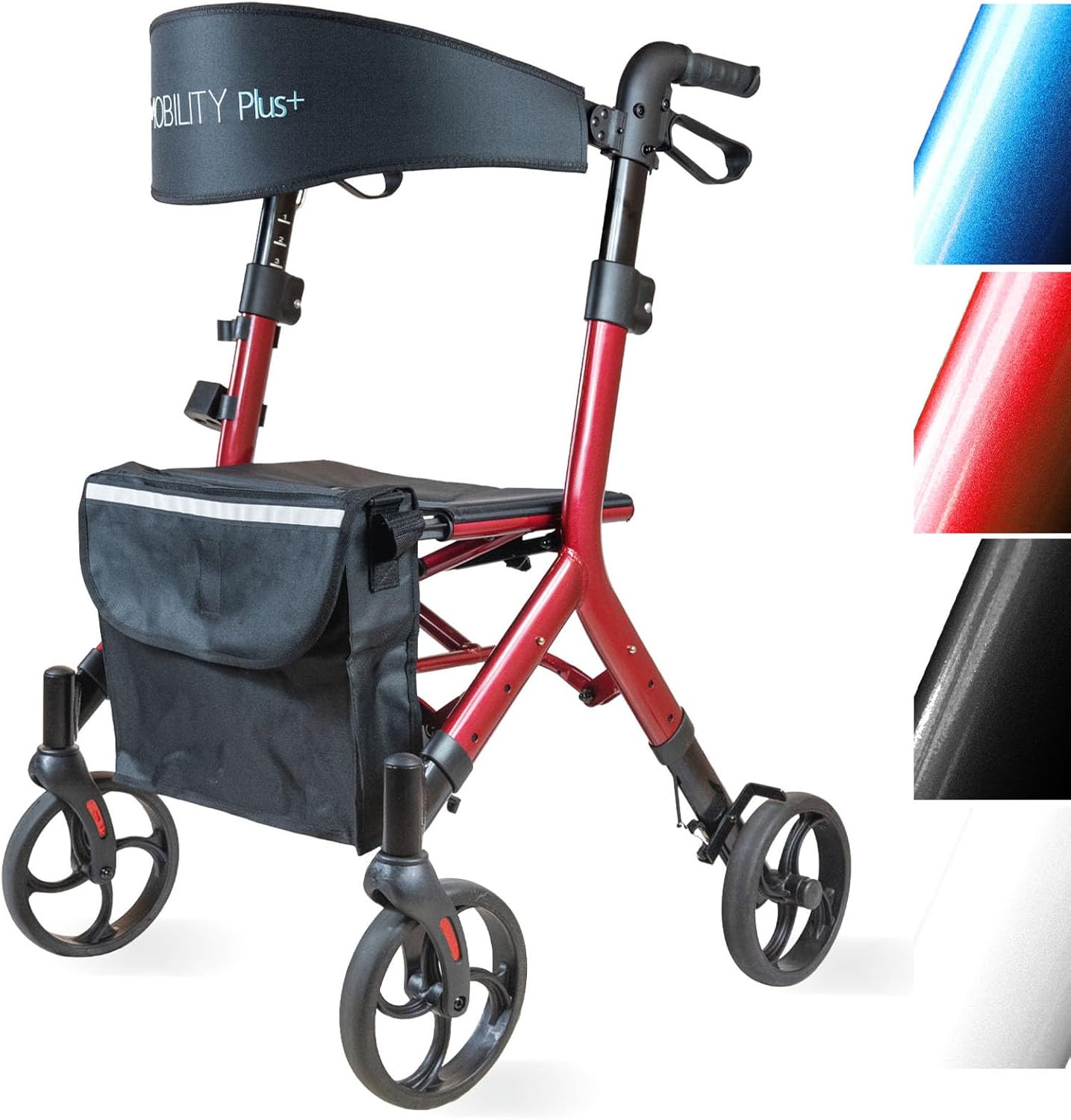 Mobility Plus+ Design Rollator DR10+ Red - Indoor & Outdoor Narrow & Foldable - Height-Adjustable Walking Aid for Seniors with Back Strap & Bag - Internal Brake Cables without Disturbing Cables