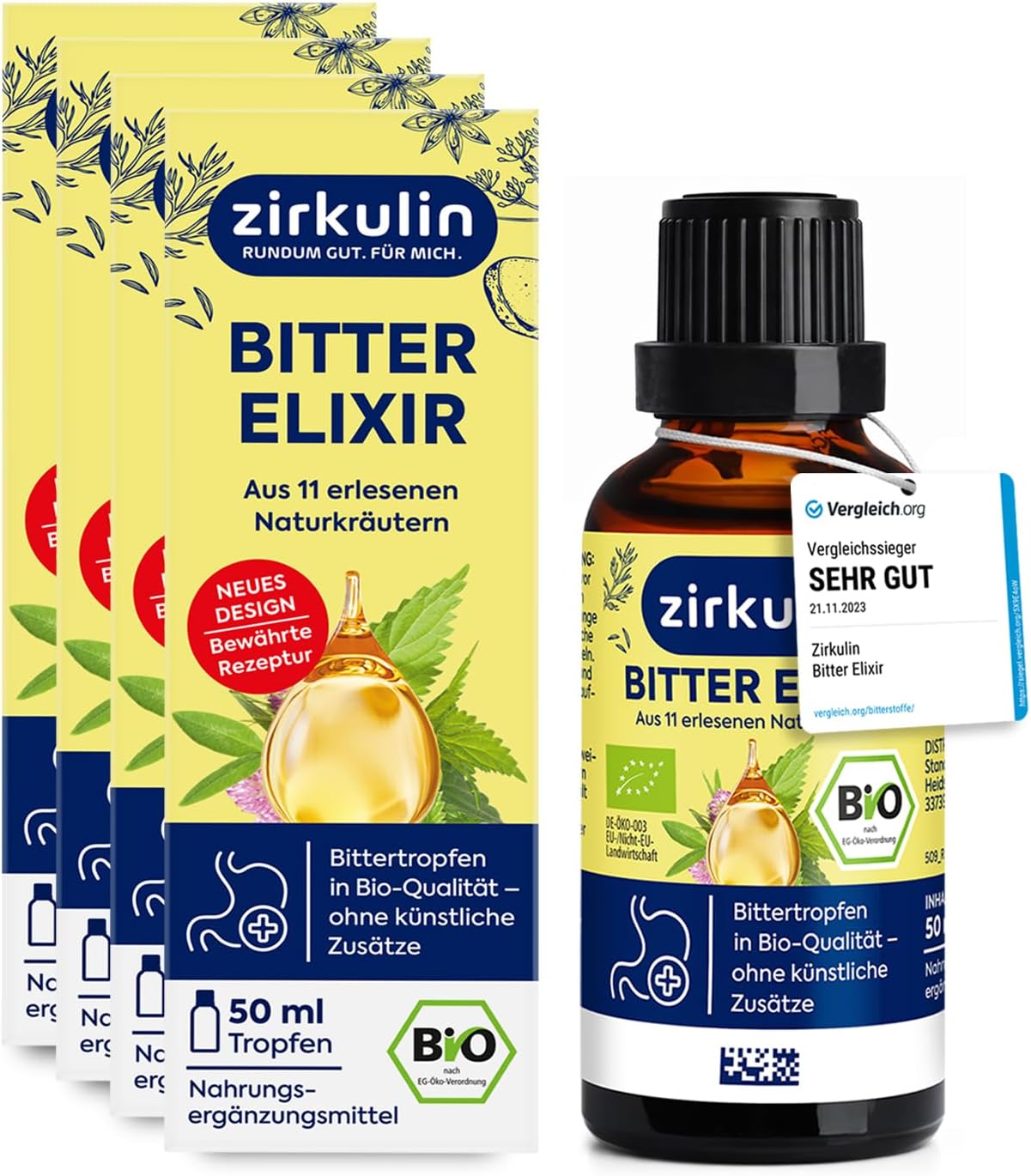 Zirkulin Bitter Elixir - Organic Bitter Drops 50 ml - Bitter Substances from 11 Exquisite Herbs 4-8:1 Extract - Hildegard von Bingen - Vegan, Sugar-Free - Pack of 4