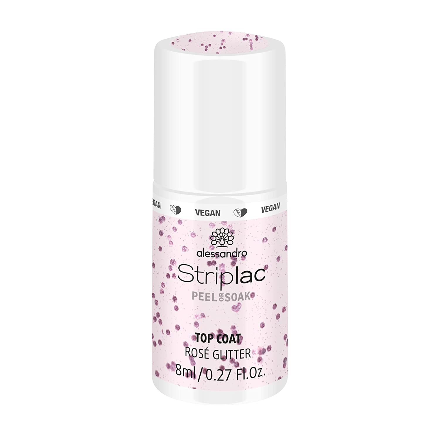 Alessandro Striplac Peel Or Soak Top Coat Pink Glitter Vegan Led Nail Polish Top Coat Pink for Perfect Nails in 15 Minutes, 8 ml
