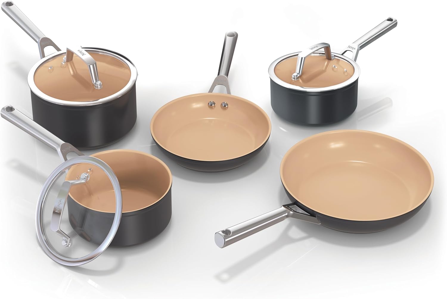 Ninja Extended Life 5 Piece Ceramic Cookware Set (20 & 24 cm Frying Pans + 16, 18 & 20 cm Pots and Lids) Non Stick (No PFAs, PFOA, Lead or Cadmium), Oven Safe up to 285°C