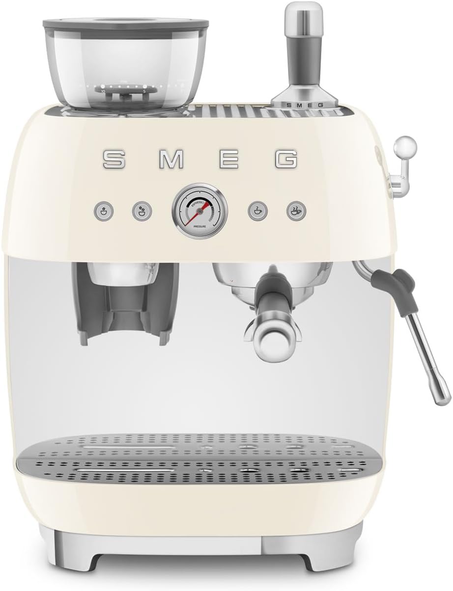 Smeg, EGF03CREU Manual Espresso Machine with Integrated Coffee Grinder, Thermoblock, 4 Temperature Levels, Steam Nozzle and Pressure Gauge, 1L Tank, Compact Size, 1350W, Cream