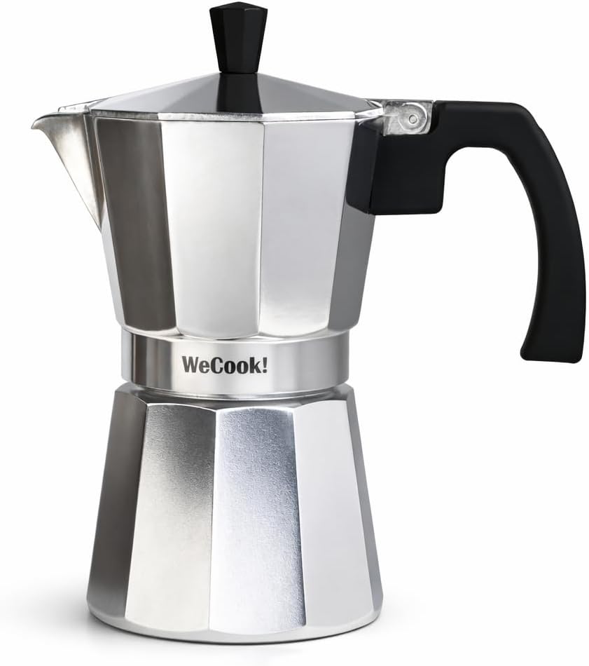 WECOOK! Paola Espresso Maker, Silver, Aluminium, Mocha Coffee Maker, 6 Cups (300 ml), Silicone Seal & Safety Valve, Suitable for Gas, Electric and Glass Ceramic - Not for Induction