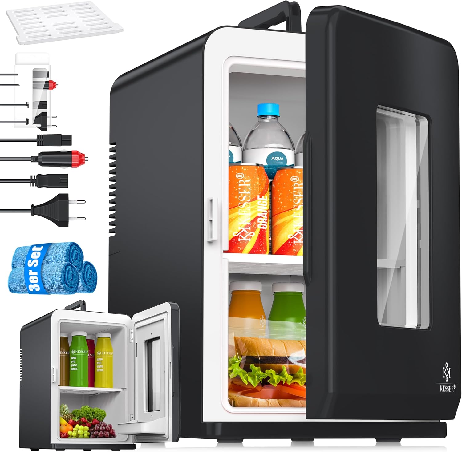 KESSER® 2-in-1 Mini Fridge Cool Box 15 Litres Cooling and Heating Function Portable AC DC 220-240 V/12 V Socket and Cigarette Lighter Warming Box Thermal Box Car Offices Room Camping Garden Black