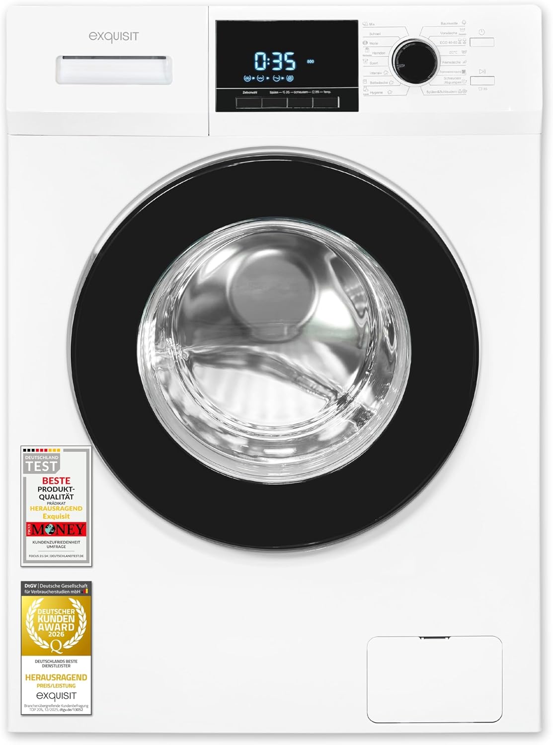 Exquisit WA59214-340A weiss Washing Machine, 9 kg Capacity, Energy Efficiency Class A, 16 Washing Programmes, Child Lock, Start Time Delay