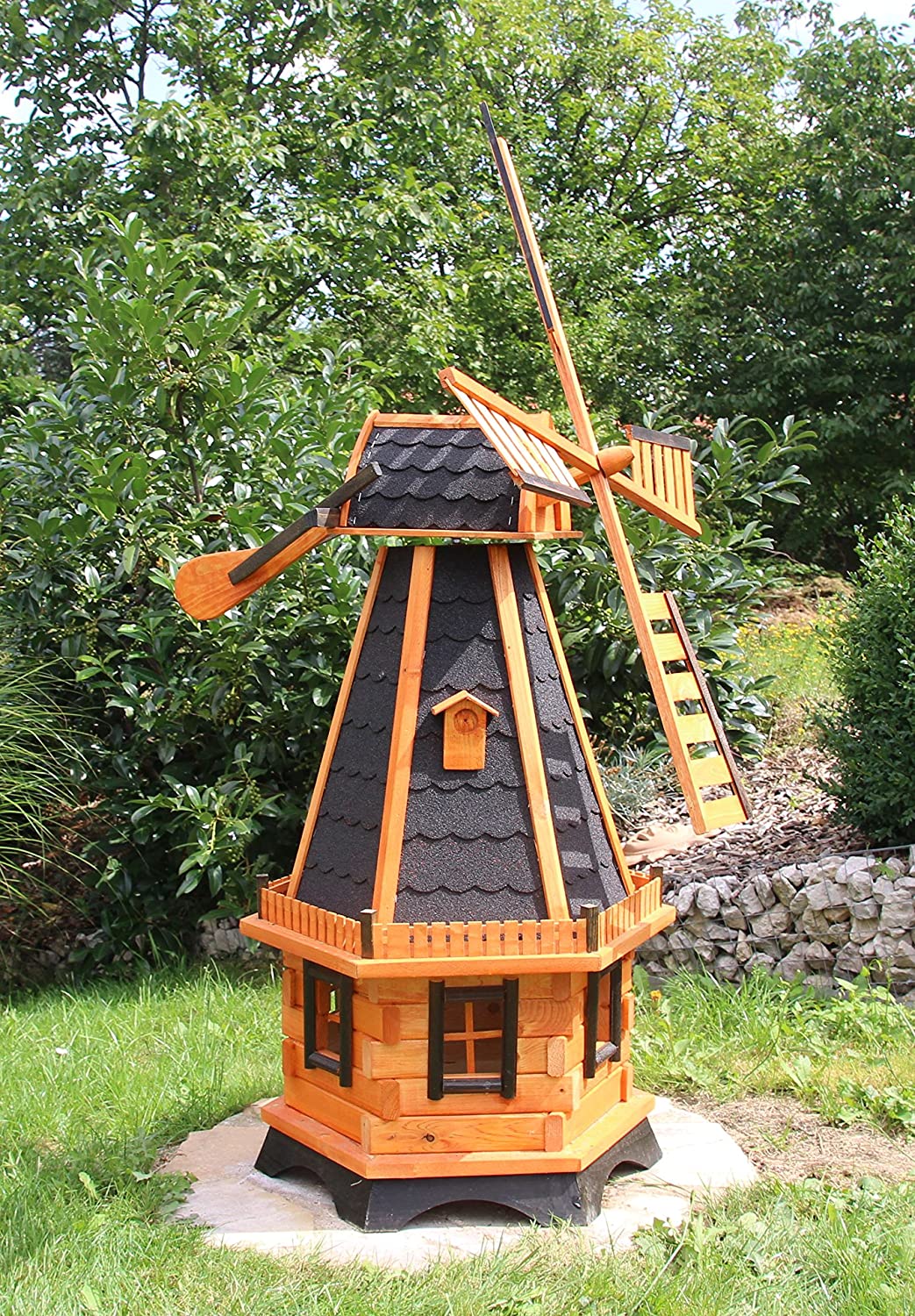 holzdekoladen Large Windmill Wind Mill Wooden Treated Type 23.1 and Solar Light, Black