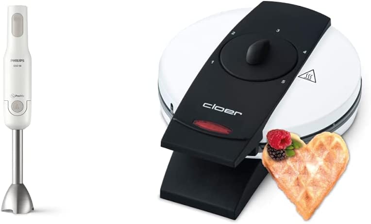 Philips Domestic Appliances Philips Stabmixer – 650W, mit Spritzschutz und ProMix Technologie, weiß (HR2534/00) & Cloer 1621 Waffeleisen für klassische Herzwaffeln, 930W, Waffelgröße 15,5cm, wählbarer Bräunungsgrad, weiß, Metall