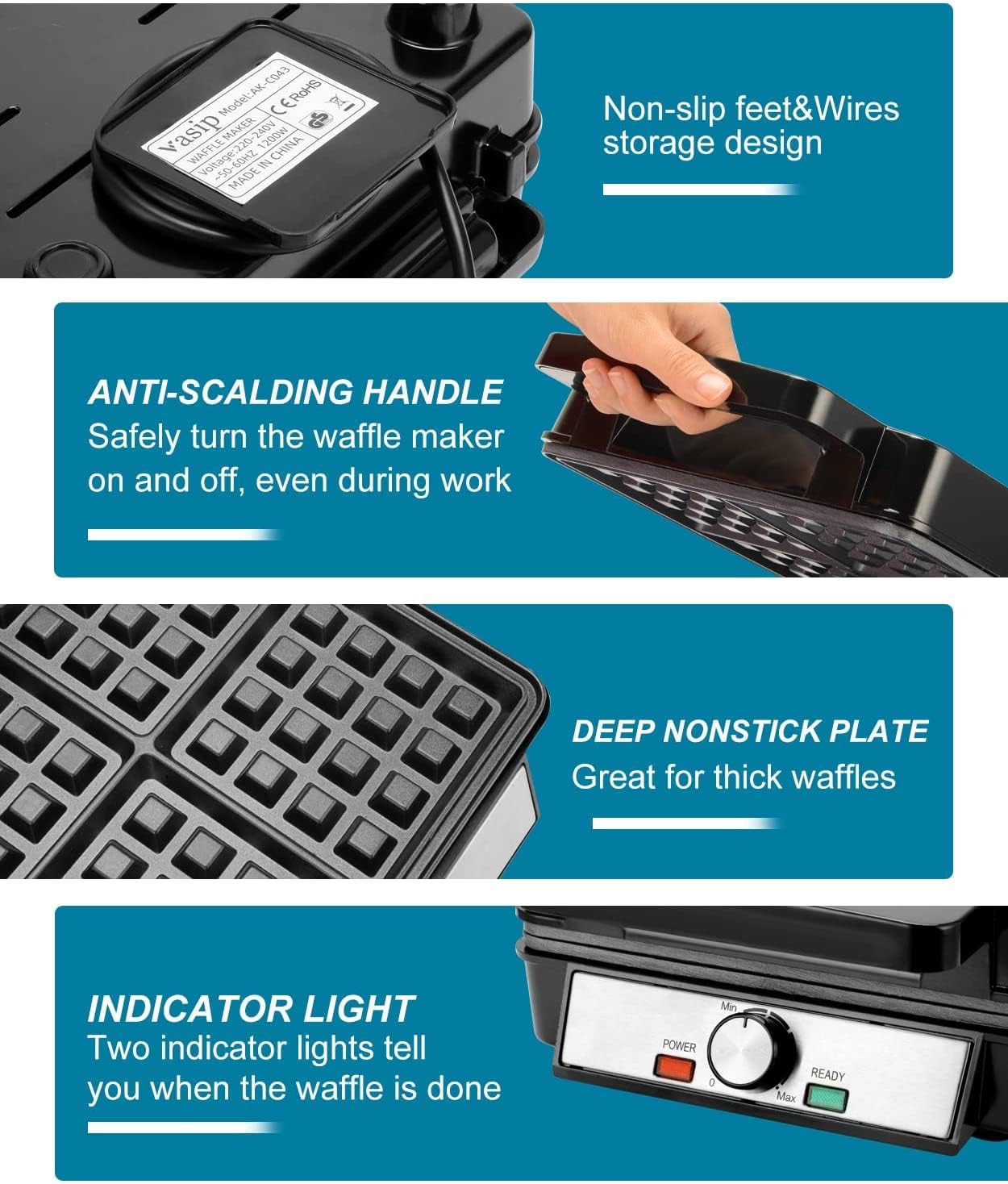 Vasip Waffle Iron, 4 Pieces, 1200 W Non-Stick Waffle Machine with Browning Control, 4 Discs of Belgian Thick Waffles, Cool Touch Handle, Indicator Lights, Stainless Steel (Upgraded Version) (Grey)