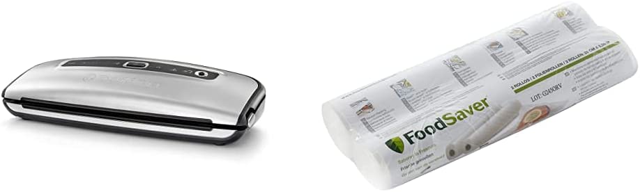 Foodsaver FFS015X-01 Vacuum Sealer Stainless Steel + FSR2802-I Vacuum Rolls 28 x 550 cm / Foil Rolls for Food / Vacuum Sealer / Sous-Vide