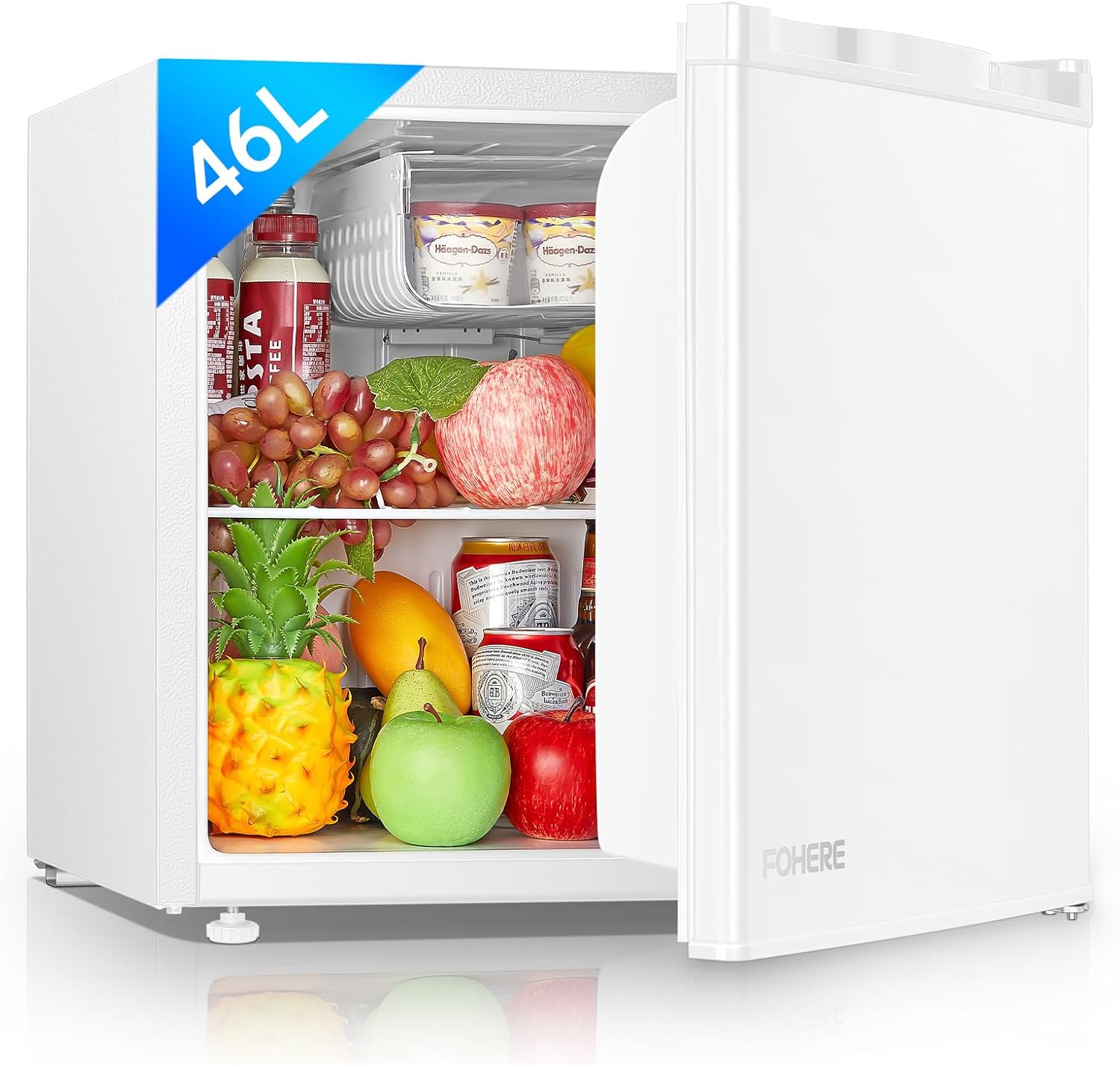 FOHERE Mini Fridge 46 Litre Hotel Office Household Fridge Energy Efficiency Class E Quiet Freestanding Compact Adjustable Thermostat Door Hinge Changeable White