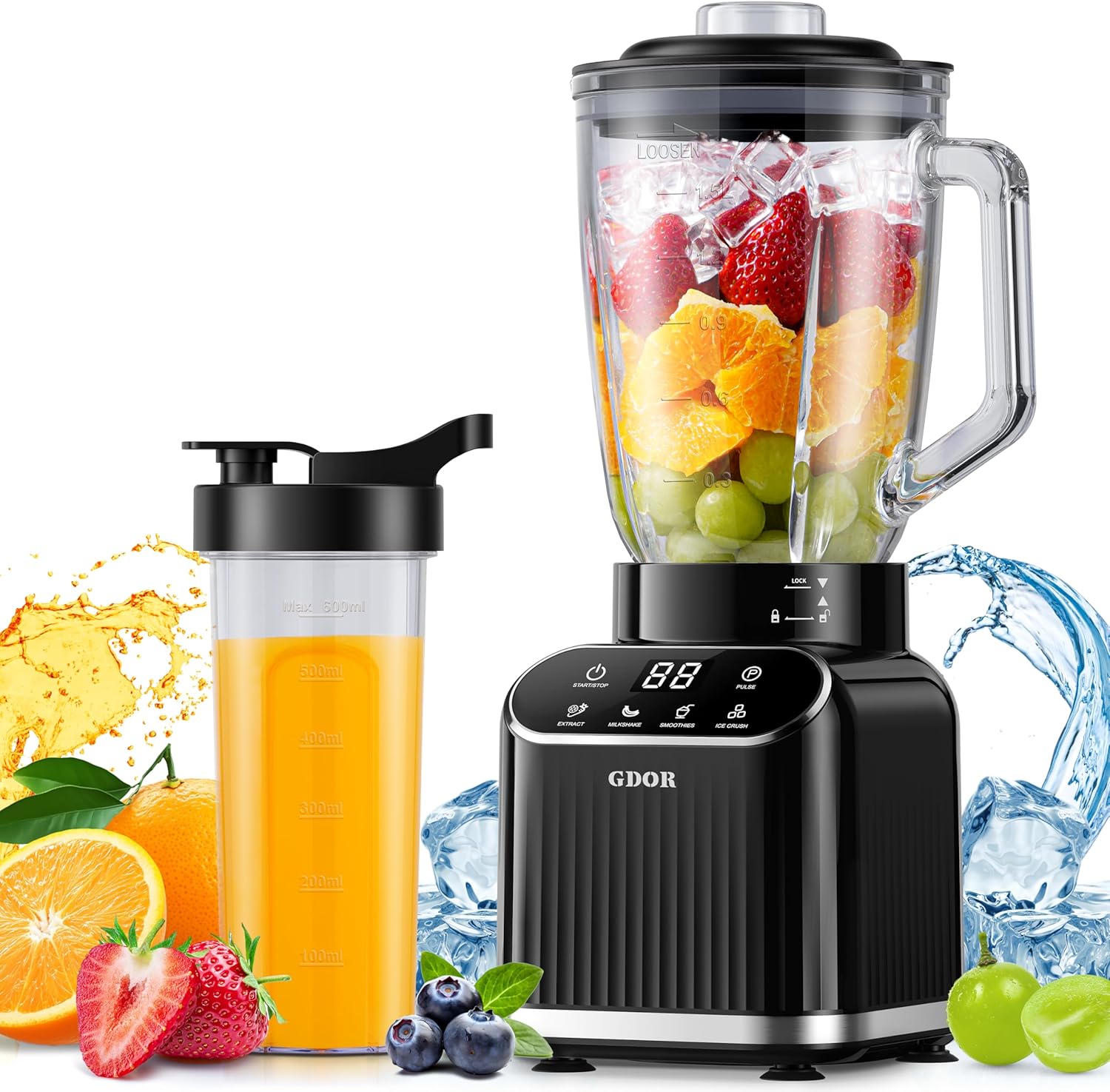 GDOR Professional Stand Mixer 1200 W Smoothie Maker 5 Programs Mixer Smoothie Maker 1.5 L Glass Container & 700 ml To-Go Cup Combination Blender for Smoothies Shake Ice Crushing and Frozen Fruit