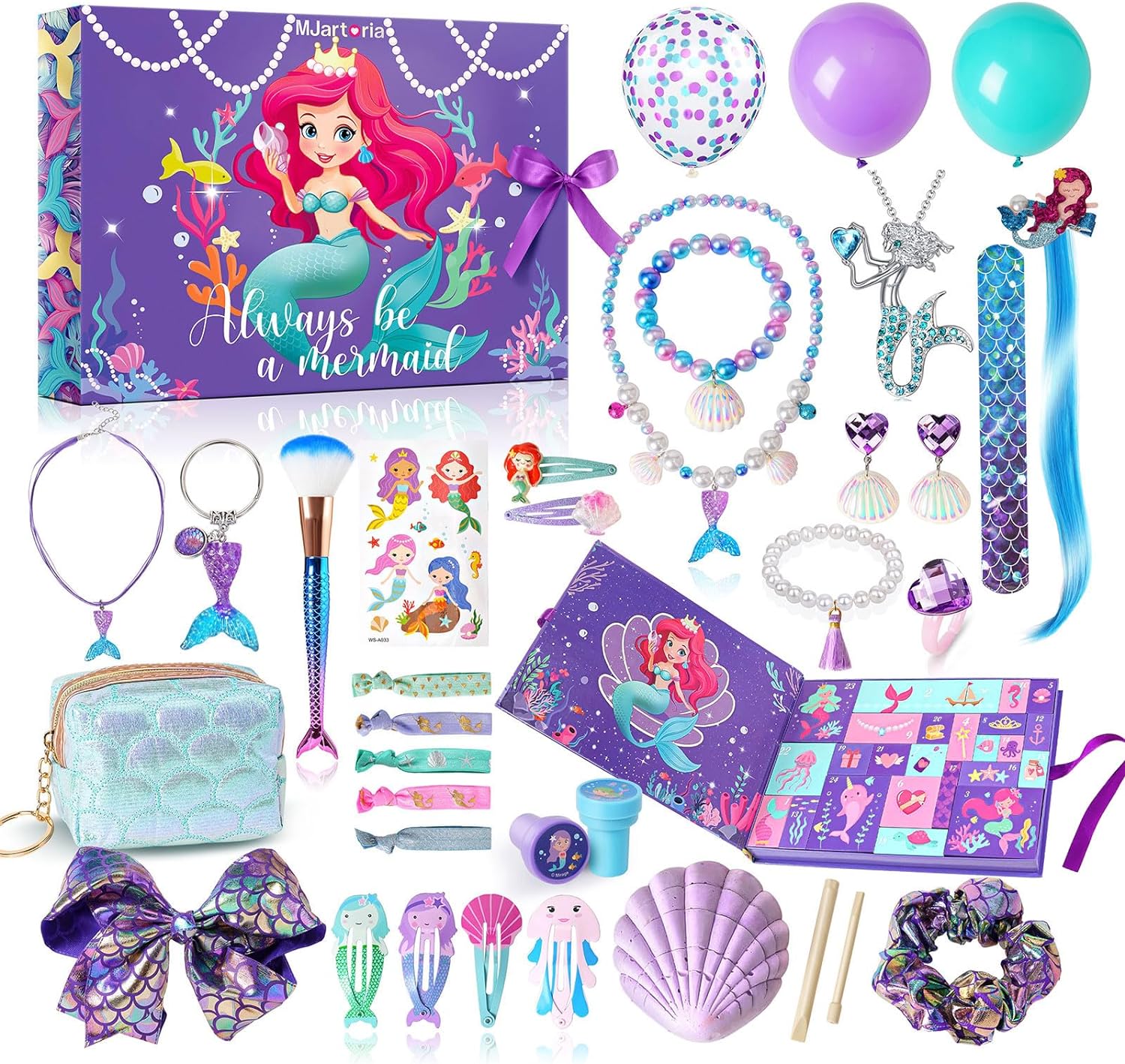 MJARTORIA Girls Advent Calendar 2023 Children\'s Mermaids, Christmas Calendar Teenagers 24 Surprises, Surprise Package with Jewellery Hair Accessories Toy