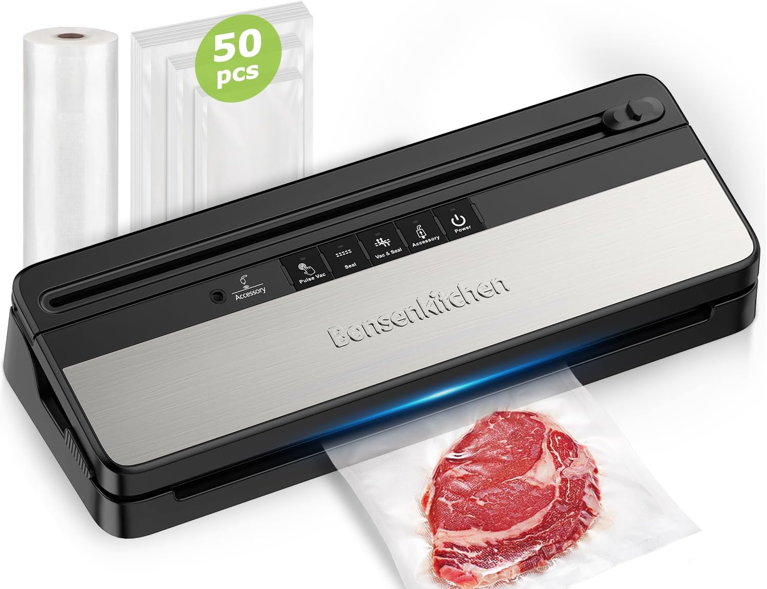 Bonsenkitchen VS3016 Multifunctional Vacuum Sealer with 50 Vacuum Bags and 1 Vacuum Roller, Built-in Cutter, High Speed ​​Continuous Operation