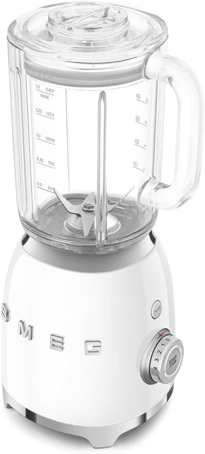 Smeg, BLF03WHEU, 1.5 L Blender, 4 Speed Levels, 4 Automatic Programmes, Removable Double Blade, Transparent Lid Opening with Dosing Cap, Non-Slip, 800 W, White