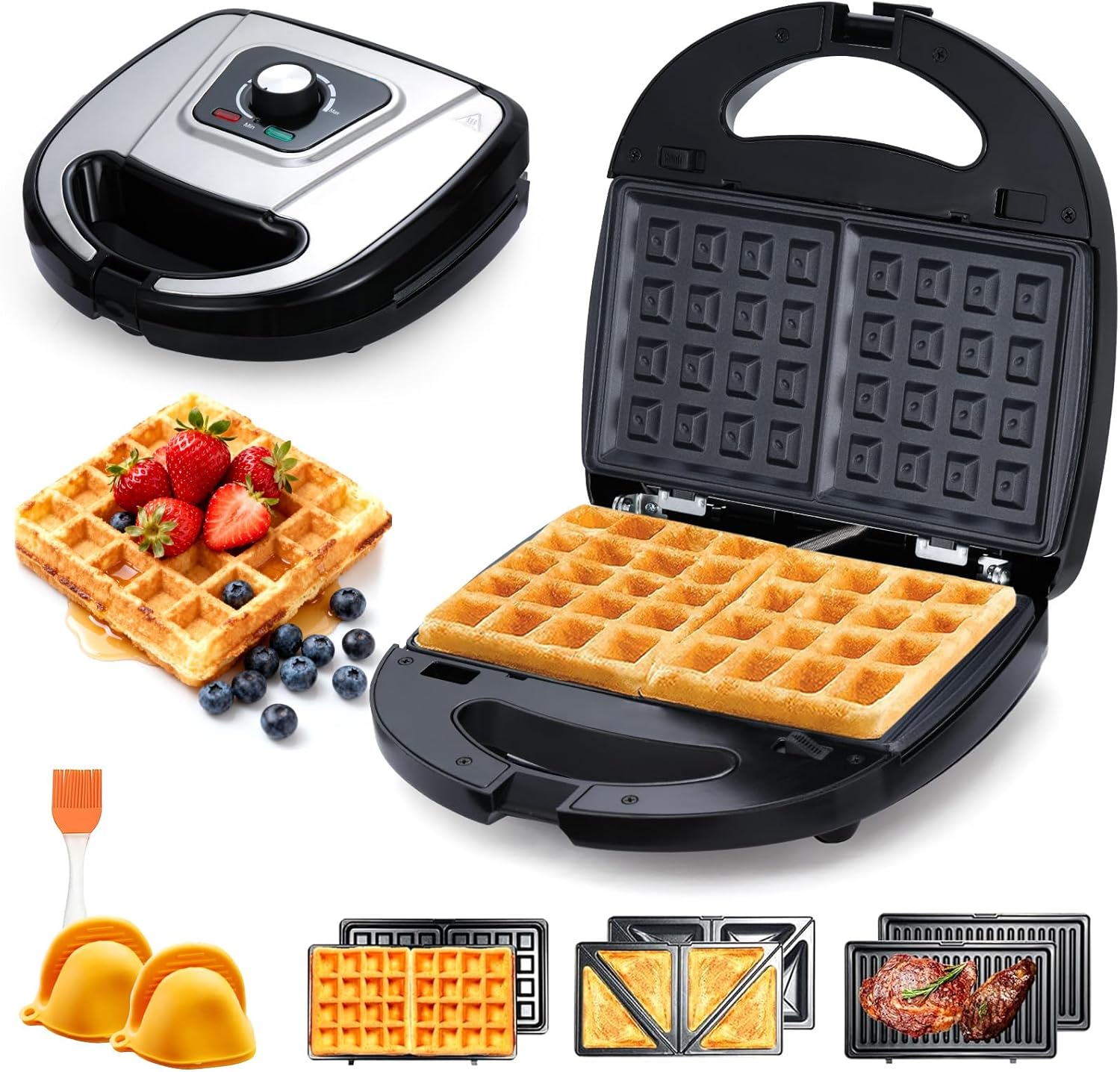 Mingfuxin 3-in-1 Breakfast Sandwich Maker, Electric Waffle Iron, Panini Grill with Removable Non-Stick Plates, Electric Grill Cheese Maker for Barbecue Dishes, Desserts, Waffles and Sandwiches