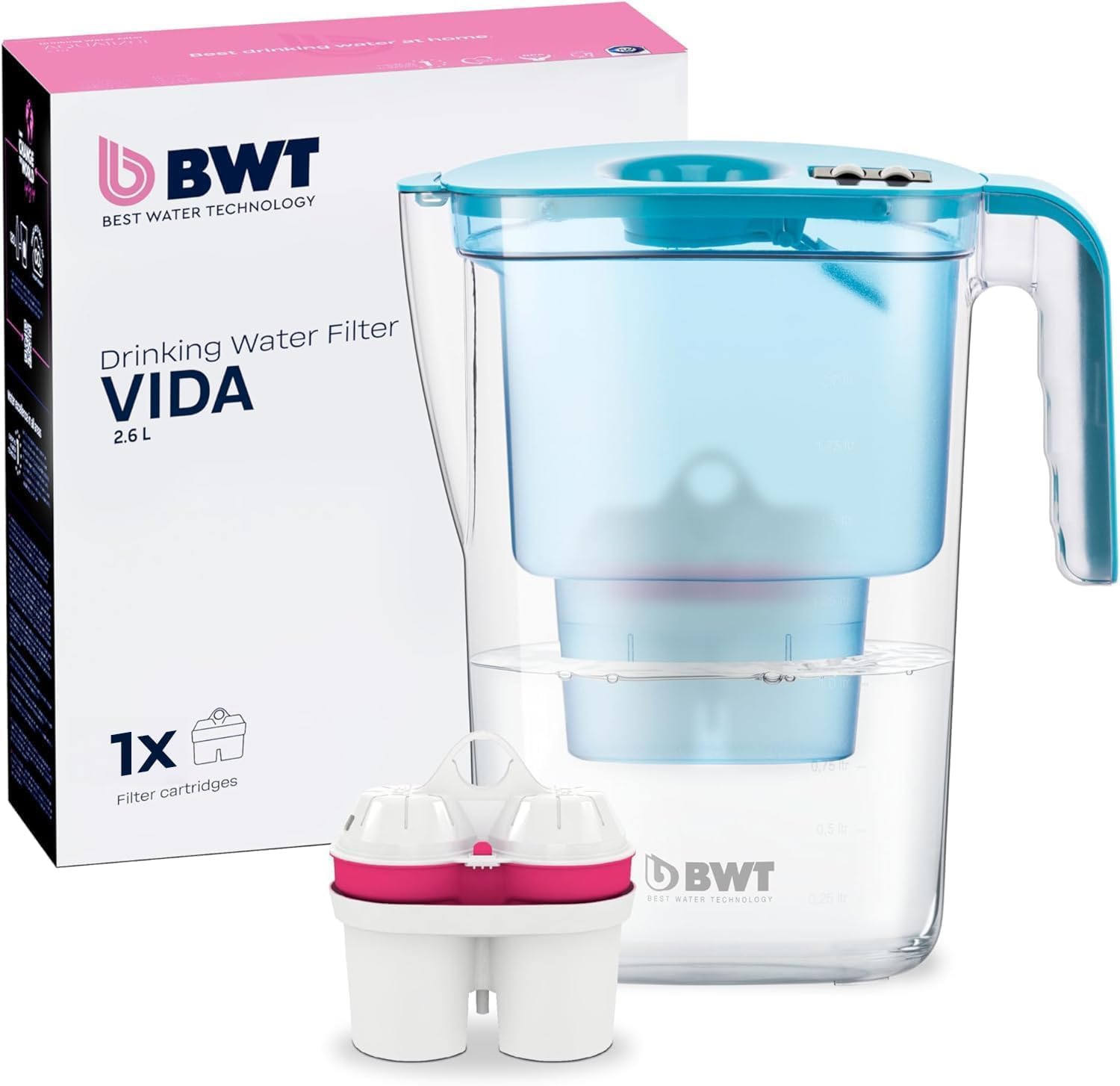 BWT Vida Petrol Water Filter Jug 2.6 Liters - Included Cartridge not only filters limescale, chlorine, lead and copper, but also enriches your tap water with magnesium
