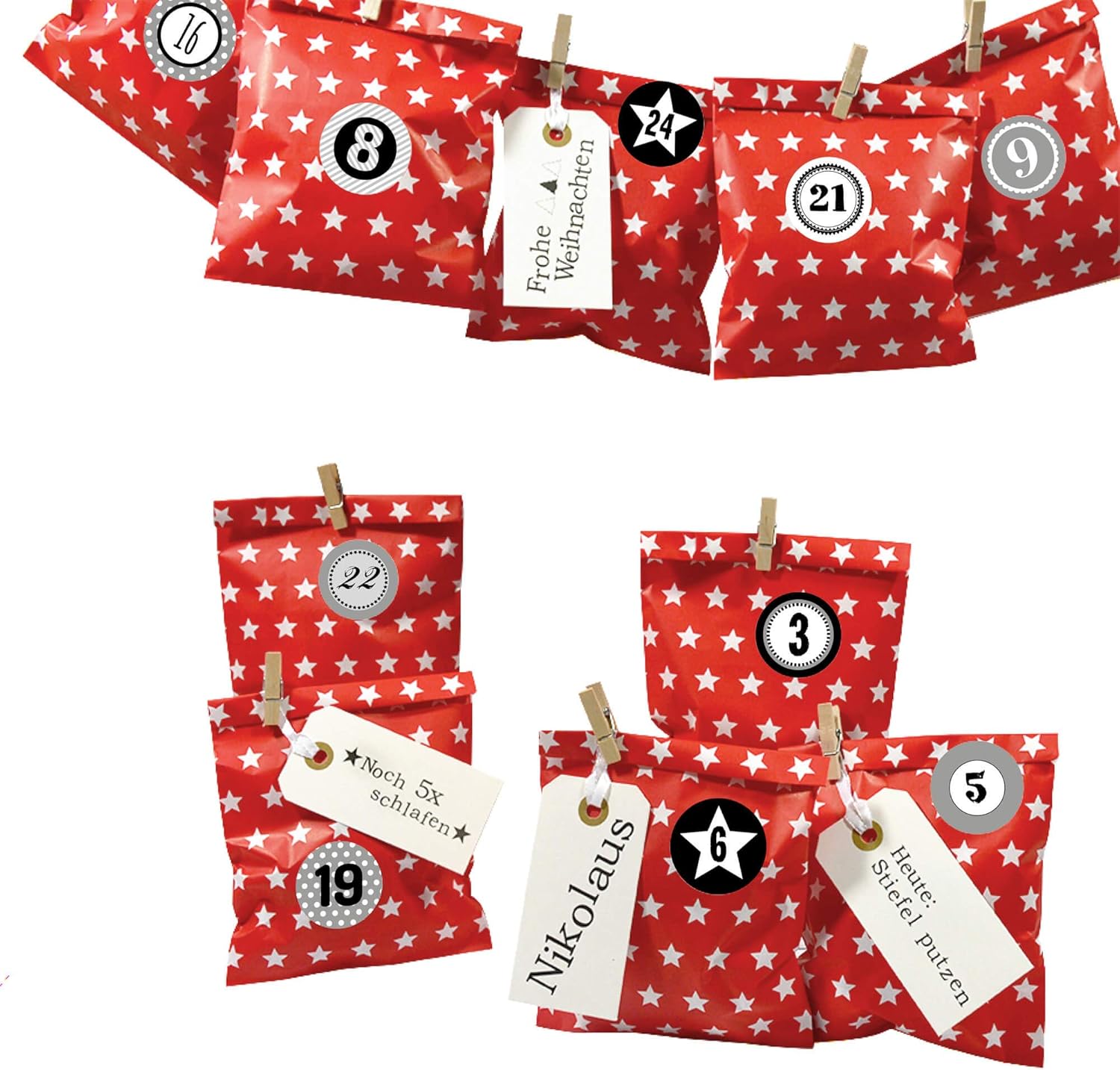 Frau WunderVoll® DIY Advent Calendar for Filling, Red Star, Numbers Grey, Paper Bags Flat 13 x 16.5 cm / Christmas, Paper Bags, Children, Numbers, Gift Bag, Stickers