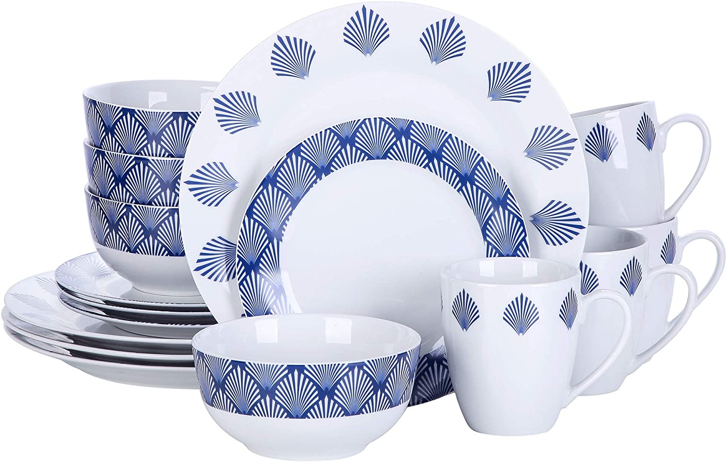 Veweet 32-piece Porcelain Dinner Set, 16-piece Crockery Set includes 10.75 inch (27 cm) Dinner Plate, 7.5 inch (19 cm) Dessert Plate, 5.5 inch (14 cm) Bowl and 380 ml Coffee Mug, Complete Service for 4/8 People