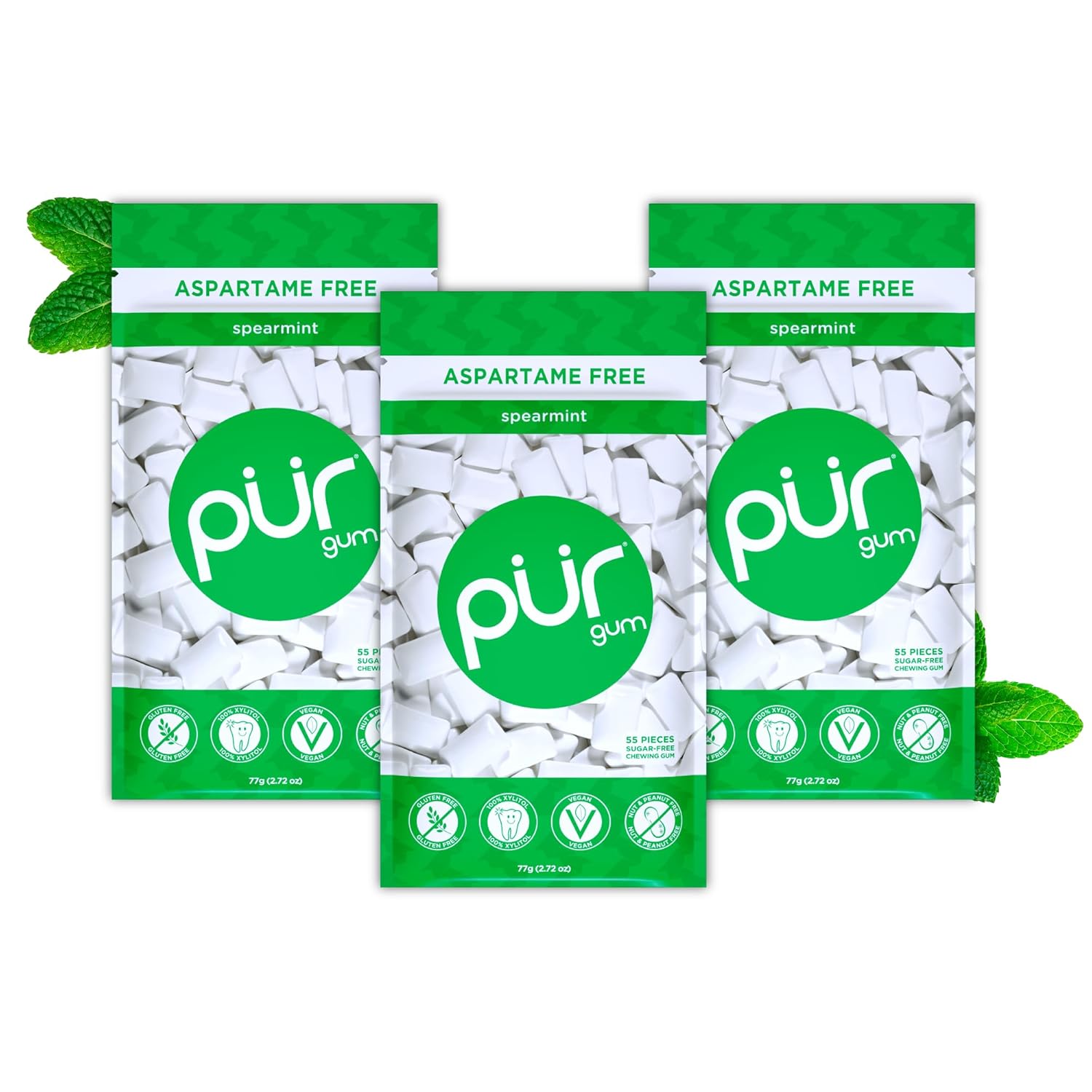 PUR Gum Store PUR Gum | Sugar-Free Chewing Gum | 100% Xylitol | Vegan, Aspartame-Free, Gluten-Free & Diabetic-Friendly | Natural Chewing Gum with Spearmint Flavor, 55 Pieces (3 Pack)