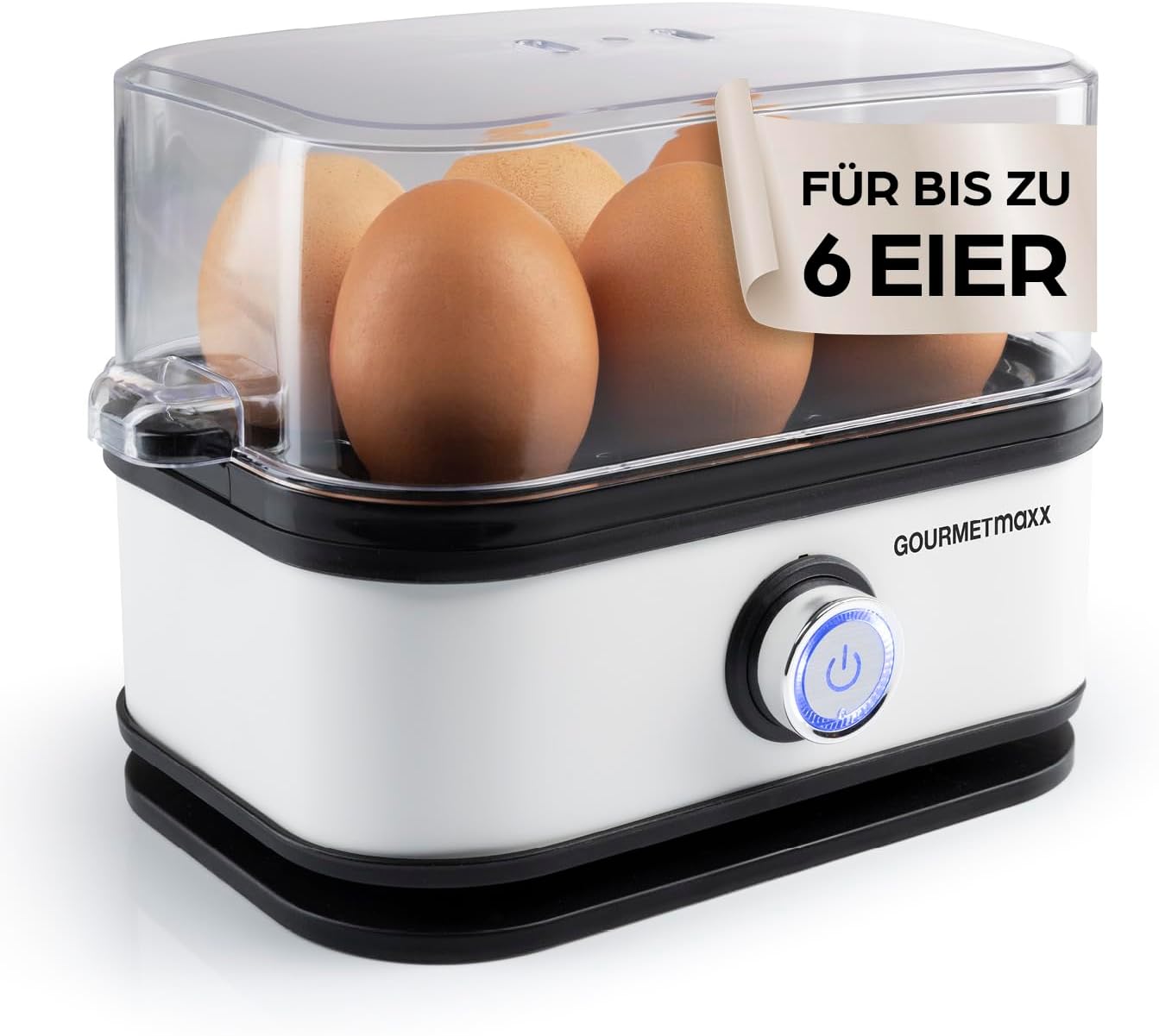 GOURMETmaxx Egg Cooker for 6 Eggs, Egg Boiler with Egg Cutter in Measuring Cup, Egg Cooker with 3 Hardness Levels, Suitable for Every Egg Cup, White Egg Cooker Design, Dishwasher Safe Parts