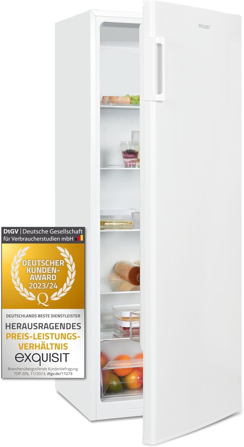 Exquisit KS320-V-H-040E Full-Room Fridge without Freezer, 242 Liters, 5 Shelves, 4 Door Shelves, Interchangeable Door Hinge, 55 cm Width, White