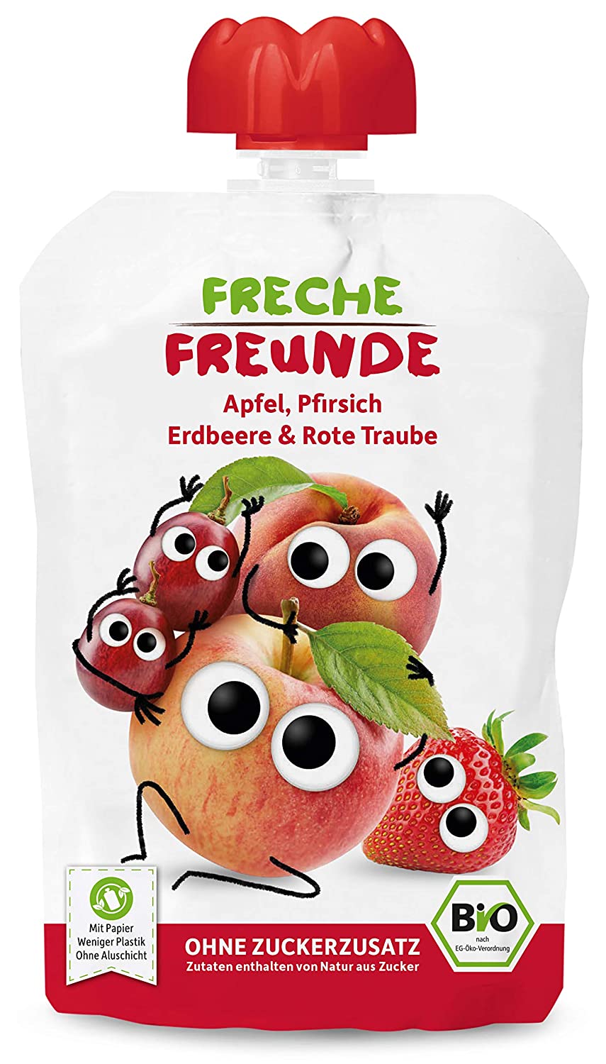 Freche Freunde Bio Quetschie Apfel, Pfirsich, Erdbeere & rote Traube, Fruchtmus im Quetschbeutel für Babys ab 6 Monaten, glutenfrei & vegan, (6 x 100g)