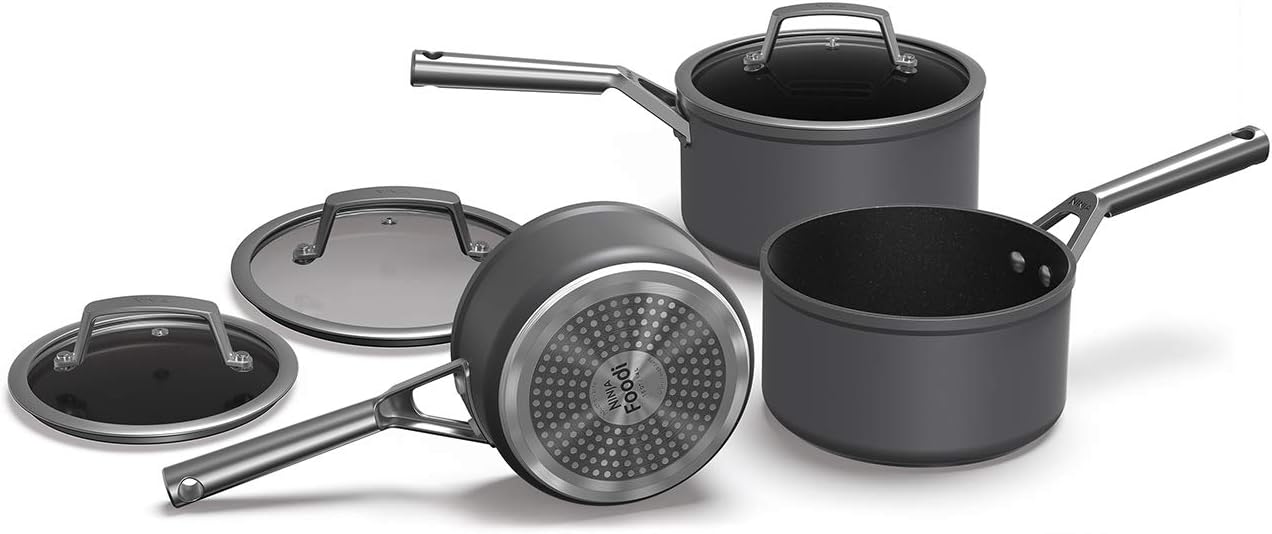 Ninja Foodi ZEROSTICK 3-Piece Saucepan Set with Glass Lids, Durable Non-Stick Coating, Hard Anodized Aluminum, Oven and Dishwasher Safe, Induction Compatible, Grey, C33000EU
