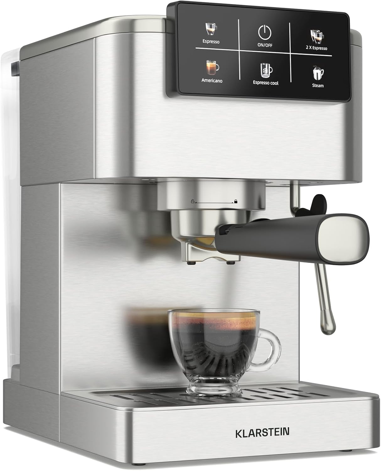 Klarstein SteelPresso Touch Portafilter Machine - 20-Bar, 1350W, Stainless Steel, 1.5L Water Tank, Touch Display, Integrated Milk Frother, Compact Design, Coffee Machine