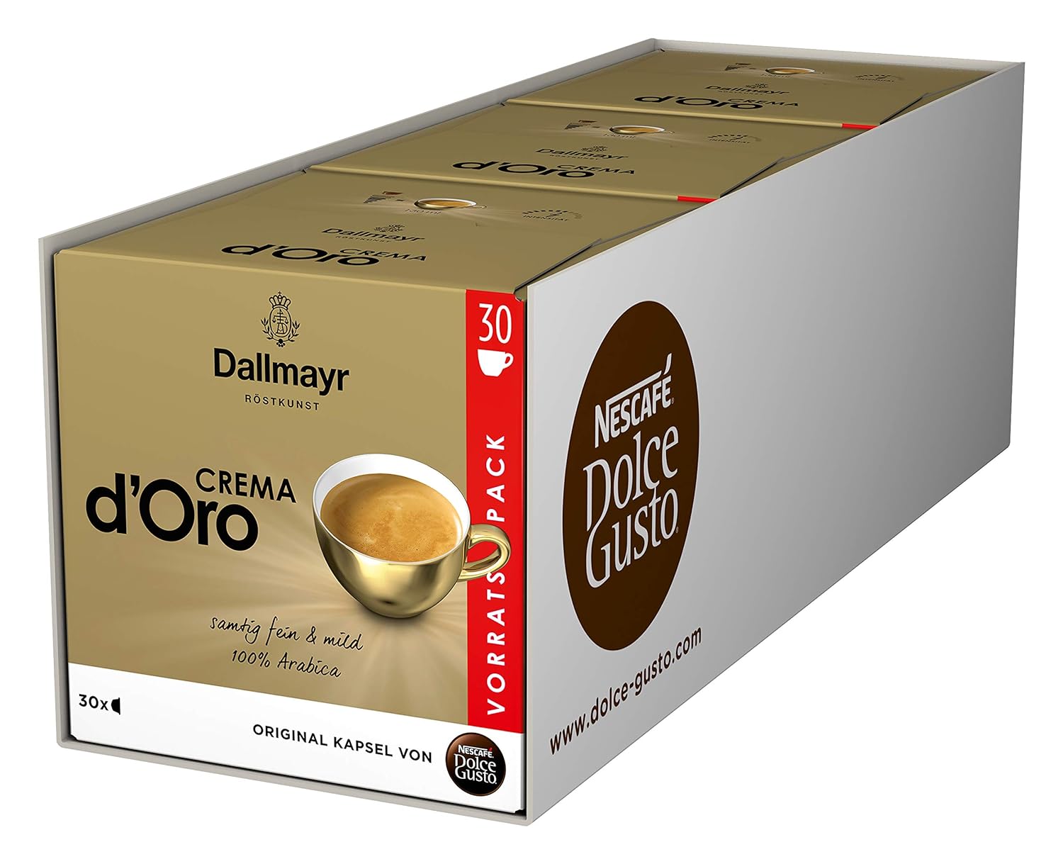 NESCAFE DOLCE GUSTO NESCAFÉ Dolce Gusto Dallmayr Crema d\'Oro, XXL Storage Box, 90 Coffee Capsules, 100% Arabica Beans, Fine Crema and Full-bodied Aroma, Aroma Sealed Capsules, Pack of 3 (3 x 30 Capsules)