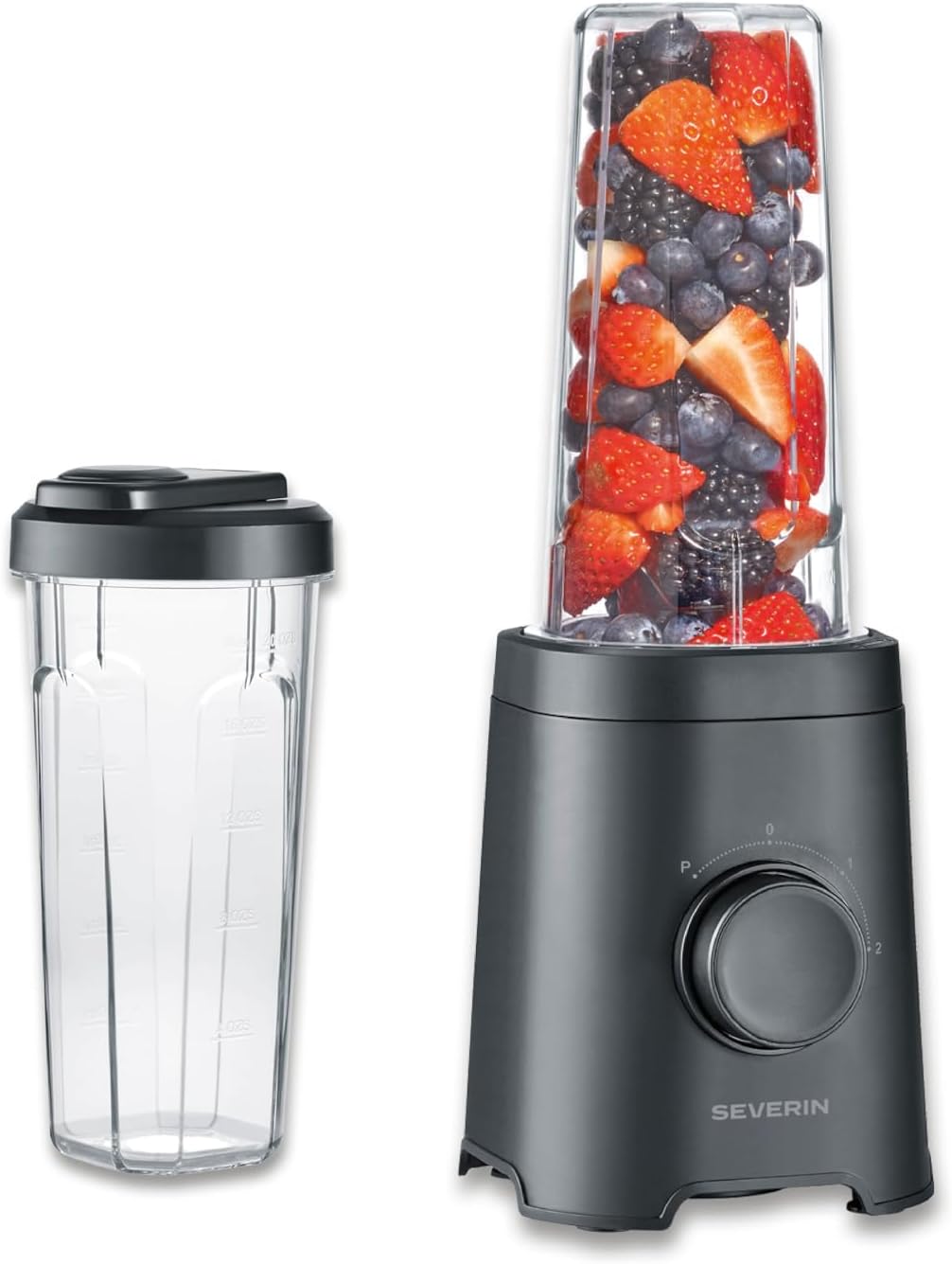 Severin Mixer & Smoothie Maker, Mix & Go, 2 Drinking Containers of 600 ml, Dishwasher Safe, Stand Mixer with Drinking Cap, 2 Power Levels, Stainless Steel Knife, Auto Cleaning, 320 W, Black, SM 3743