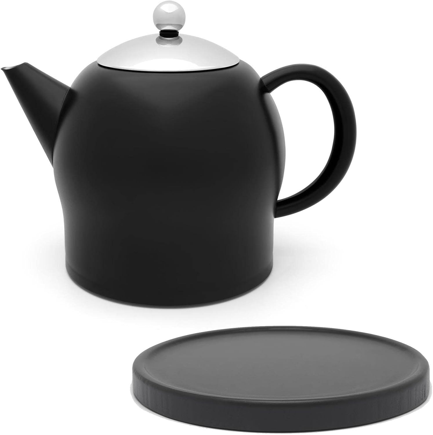 Teapot Set 1.4 Litres - Stainless Steel Double-Walled Matte Black - Large Modern Tea Maker without Filter - Includes Wooden Saucer Black