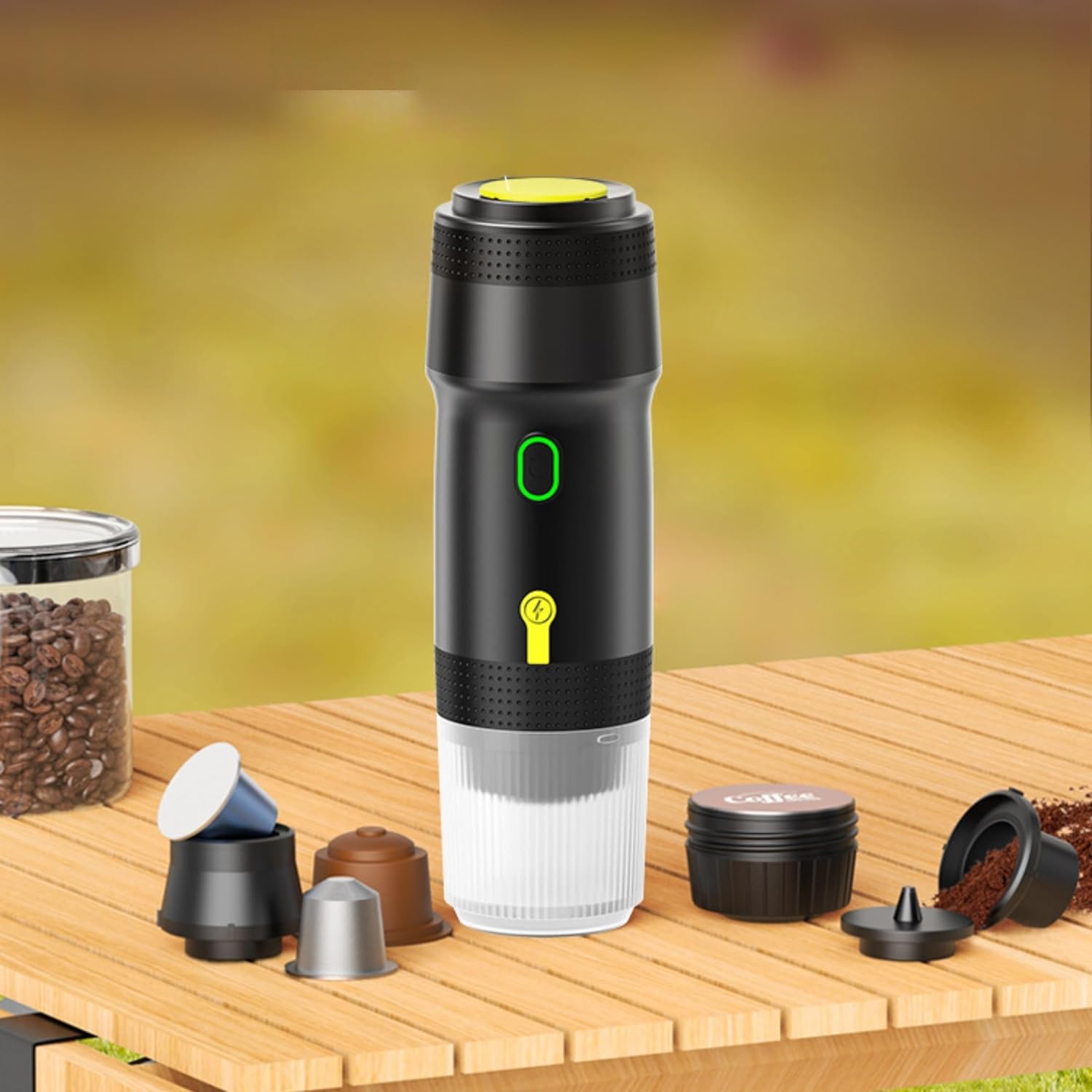UUE 3-in-1 Portable Espresso Machine with 150 ml Cup, 12 V/USB-C, 7500 mAh, 4 Minutes Heating, Compatible with Capsules & Ground Coffee, Hot/Cold Mode for Car, Camping, Travel (Black)