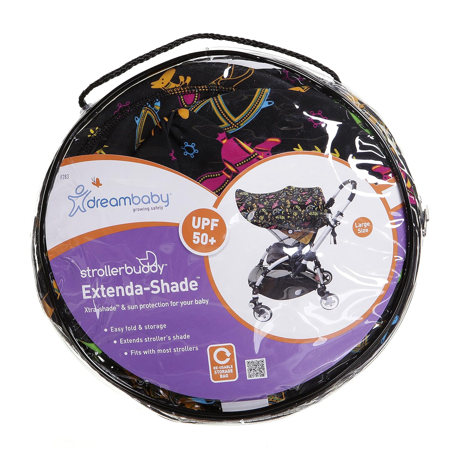 Dreambaby F282 Extenda-Shade® Pushchair Sun Shade Sun Canopy Universal Medium Size with Side Protection (Animal Motifs), Black