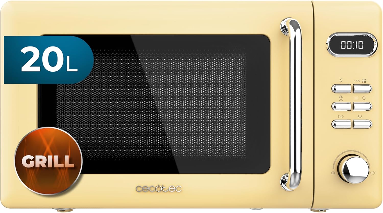 Cecotec Proclean 5110 Retro Yellow Digital Microwave with Grill, 700 W, 5 Levels, Timer up to 60 Minutes, 8 Programs and Defrost Mode, Vintage Design in Yellow