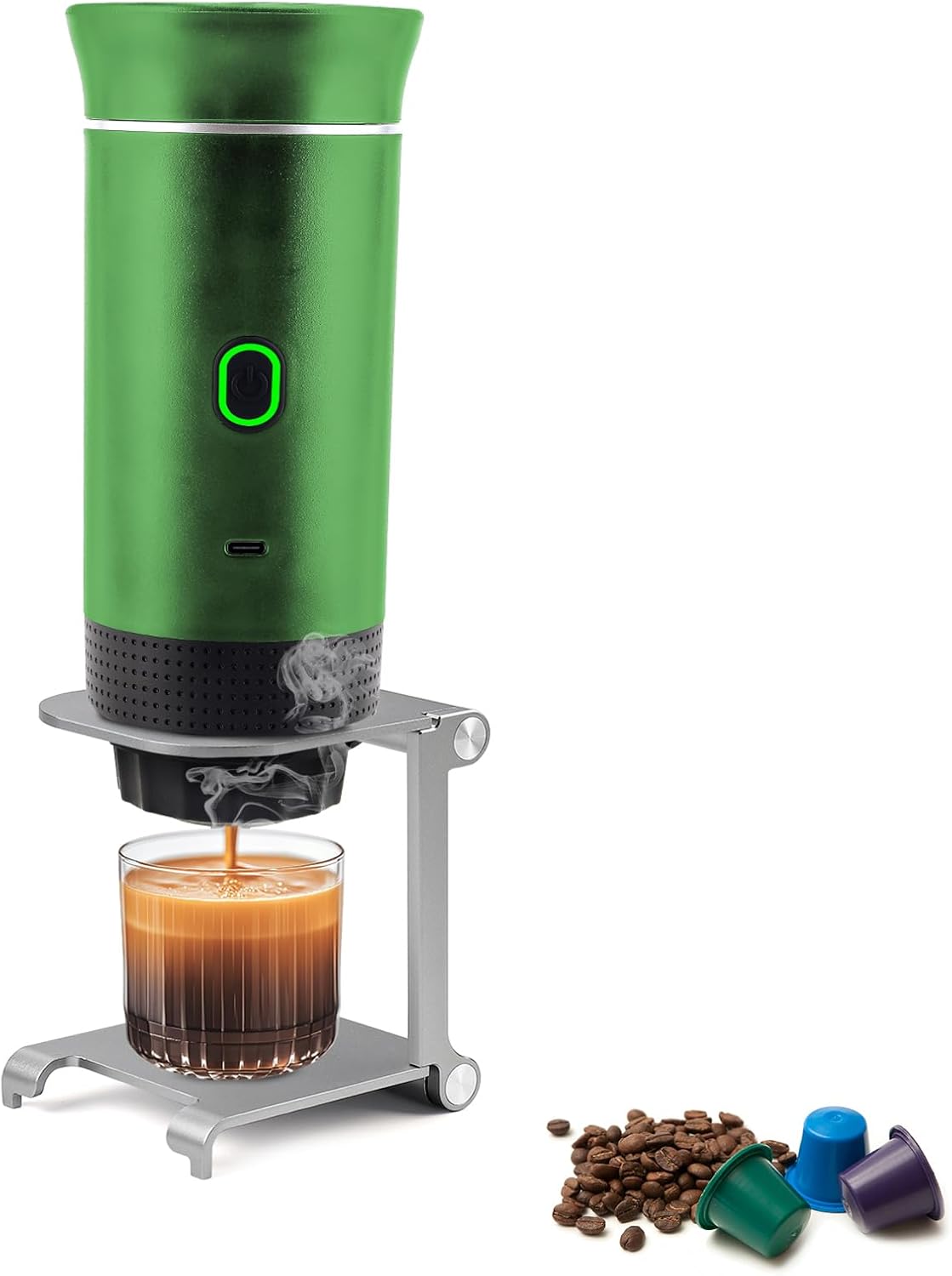 obecilc Portable Espresso Machine, 20 Bar Mini Travel Coffee Maker with USB, 3 in 1 Camping Coffee Maker, Self Heating, Compatible with Ground Coffee and Capsules for Hiking, Office (Green)