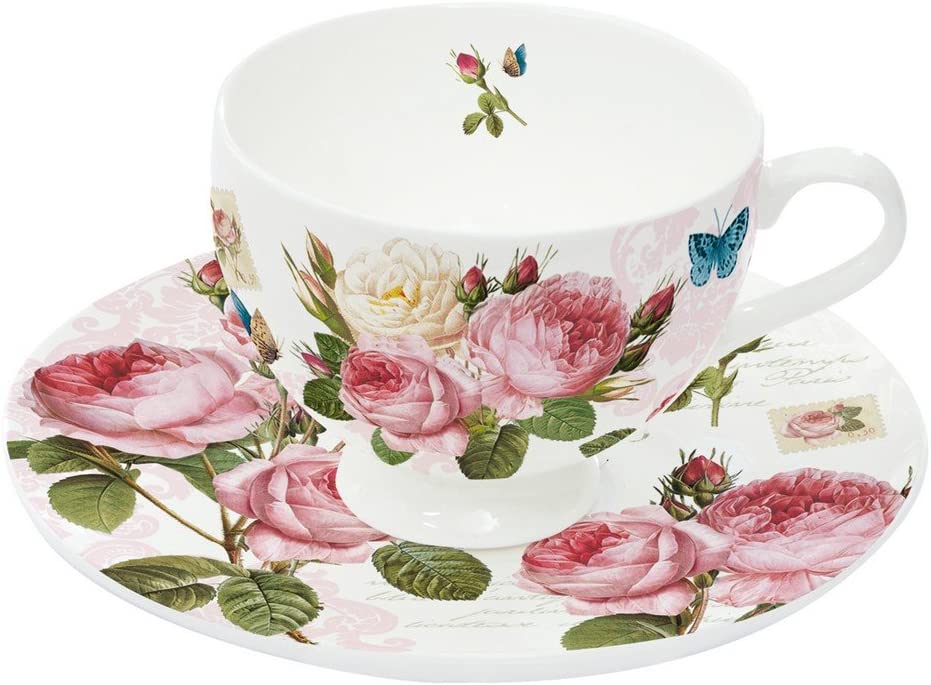 Easy Life Nuova R2S P/T Café 328RMR Coffee Set 2 Cups 2 Saucers Bone China with Romantic Roses Motif