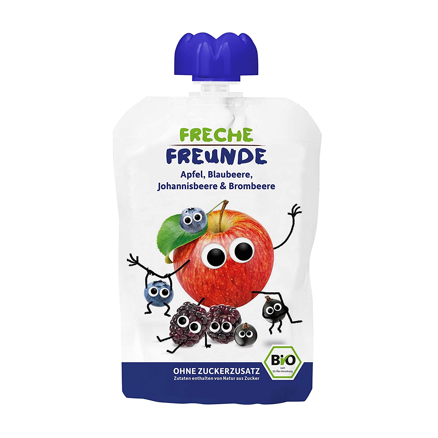 FRECHE FREUNDE Bio Quetschie Apfel, Blaubeere, Johannisbeere & Brombeere, Fruchtmus im Quetschbeutel für Babys ab dem 6. Monat, glutenfrei & vegan, 6-er Pack (6 x 100g)