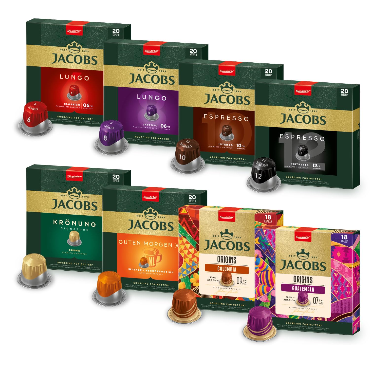 Jacobs Coffee Capsules Variety Box, 8 Varieties, 6 x 20 + 2 x 18 Drinks, Nespresso* Compatible Coffee Capsules, 156 Capsules