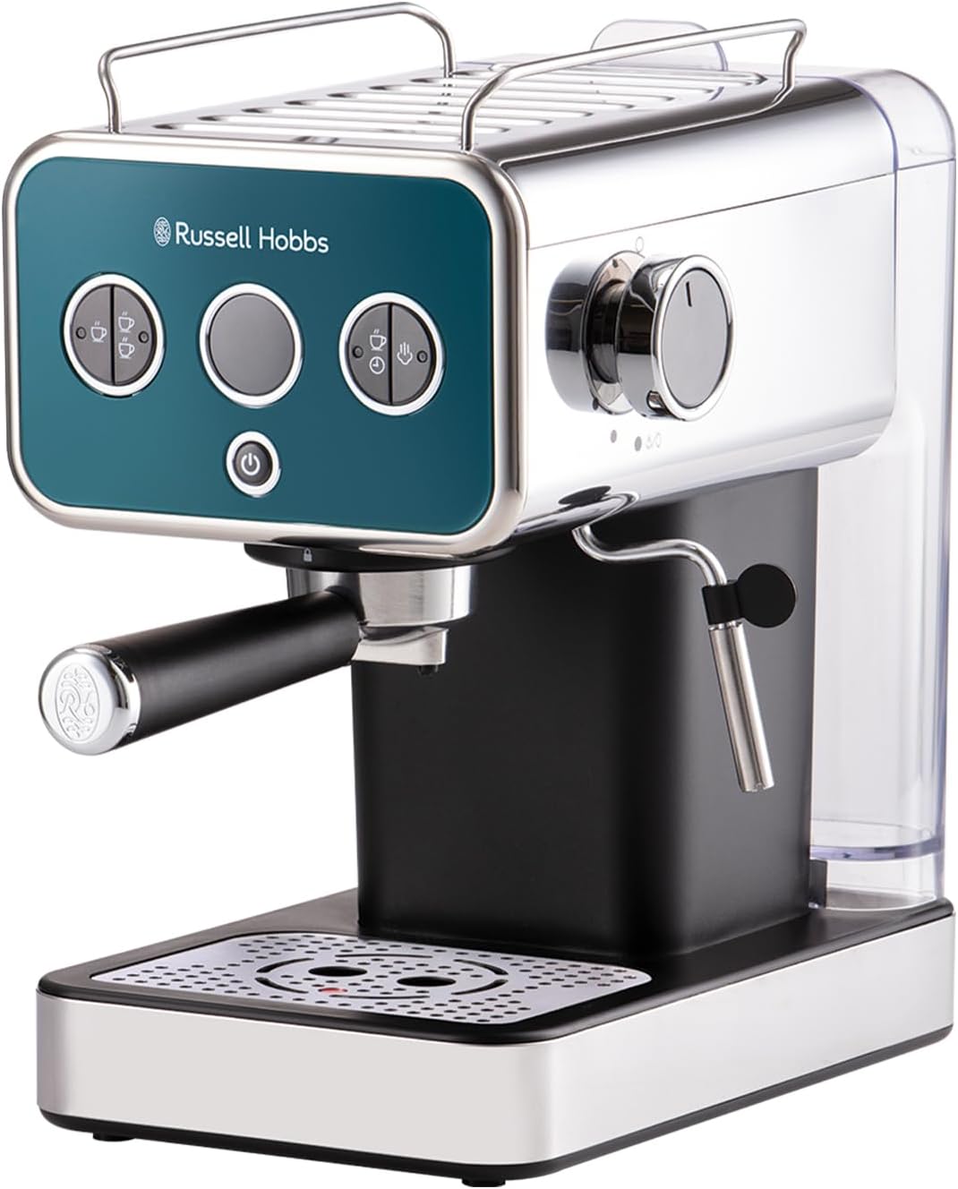 Russell Hobbs Espresso Machine [Portafilter Machine] Distinction Stainless Steel Ocean Blue (15 Bar, Insert 1 & 2 Cups, ESE Pads, Automatic Dosing & Man.Option, Steam Nozzle for Hot Water & Milk Foam)