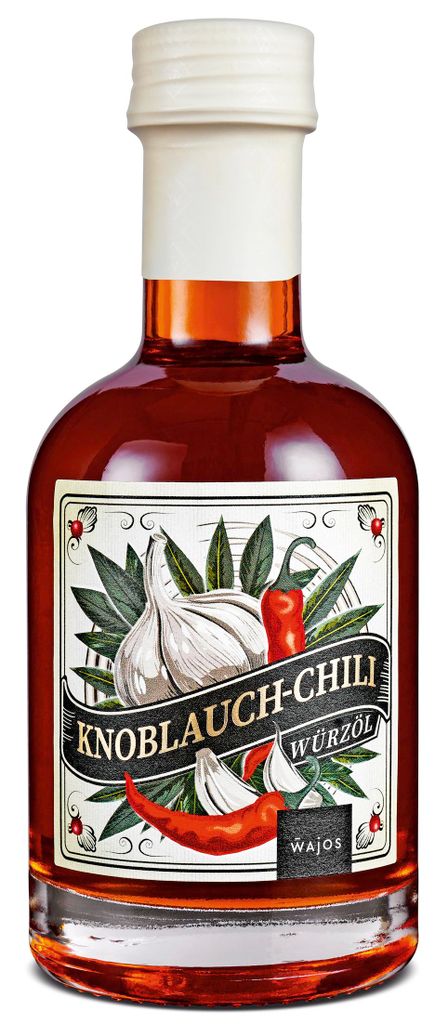 Wajos Genussmanufaktur Wajos Garlic-Chili Seasoned Oil, Spicy Specialty Oil, 0.25l, e.g., for marinades, pasta, dressings, dips & bruschetta - perfect grilling oil 250 ml