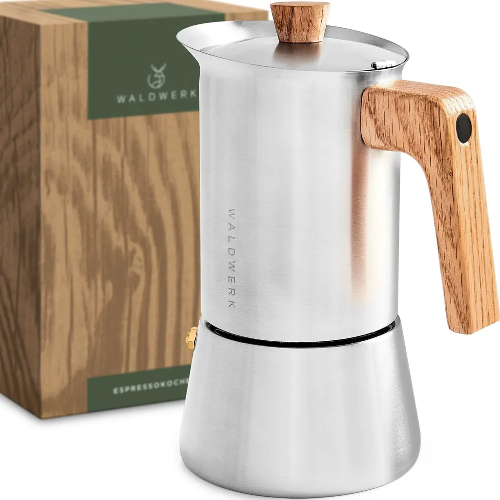 WALDWERK Espresso Maker (300ml) - Espresso maker suitable for induction cooktops and all types of hobs - Stainless steel moka pot with genuine oak wood handle
