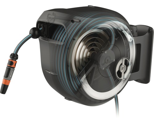 Wall-mounted hose box GARDENA RollUp M/L including 25 m hose, 180° swivel and RollControl technology