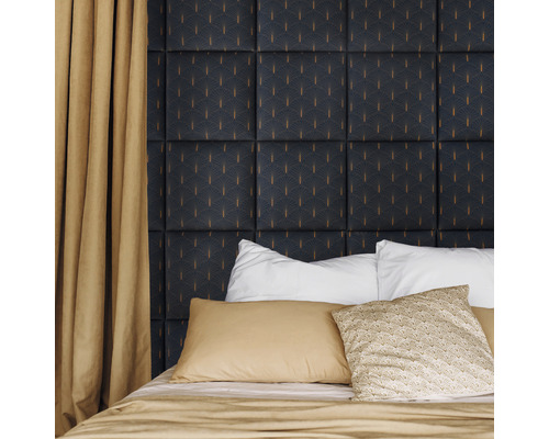 Wall cushion with peacock print, dark blue/yellow, velvet look, 30 x 30 cm